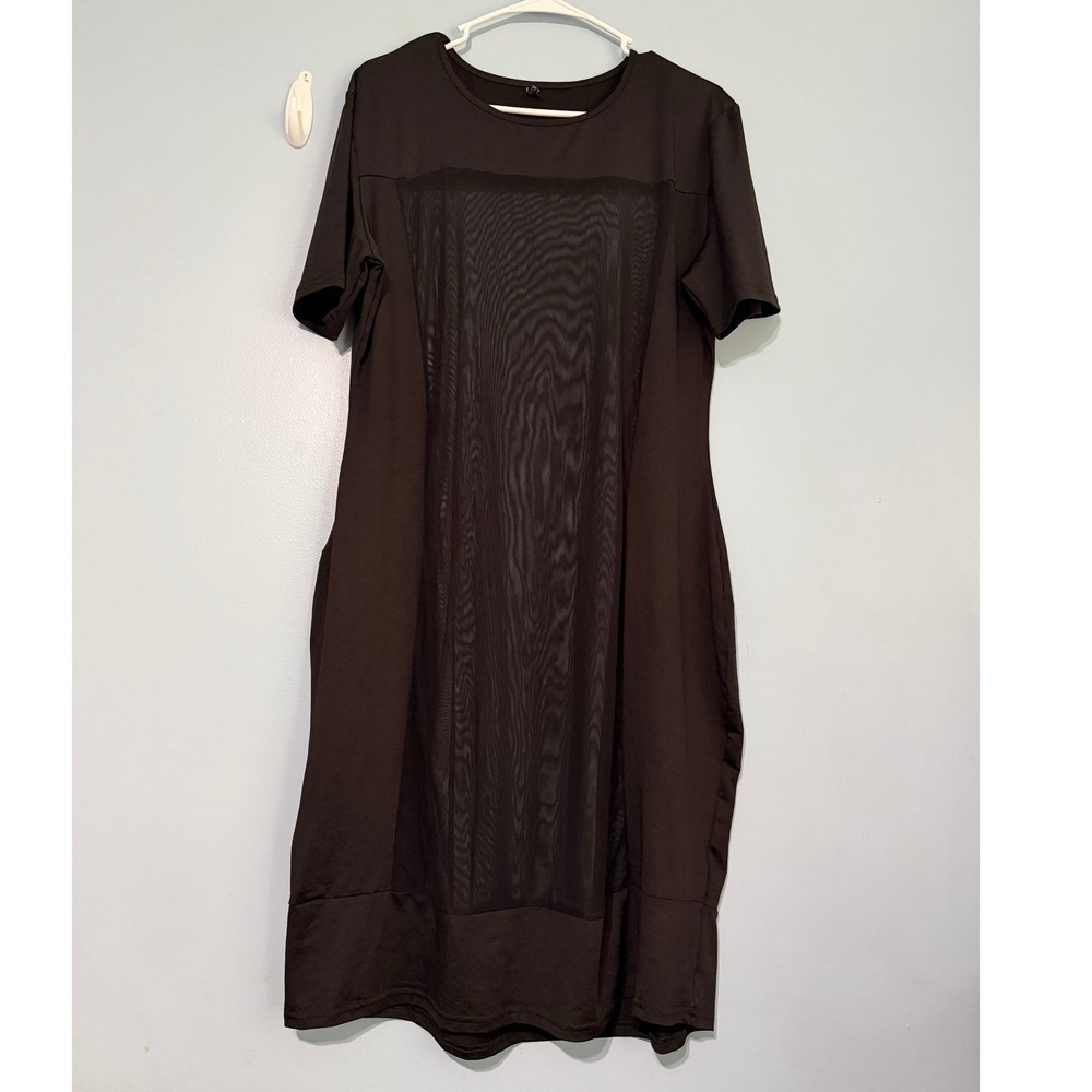 IN'VOLAND Black Mesh Panel Midi Dress 20W Short Sleeve Crew Neck Stretch 1608